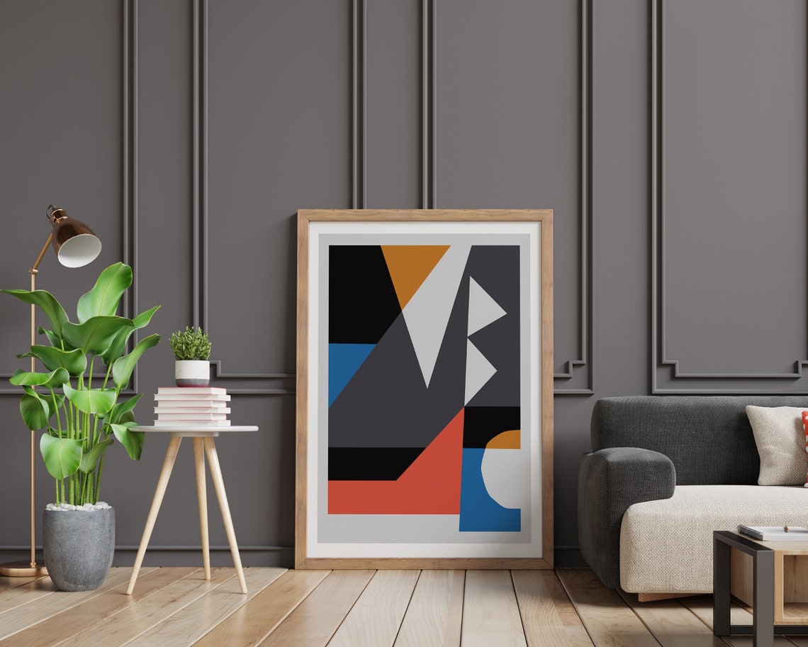 Bold Charcoal Coral And Blue Geometric Shapes Minimal Art Poster - Image 2