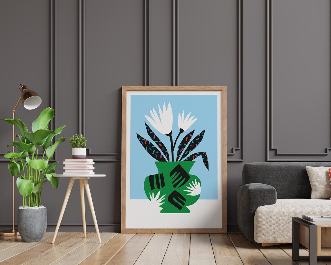 Green Vase White Flowers Sprinkle Leaves Sky Blue Floral Poster - Image 2