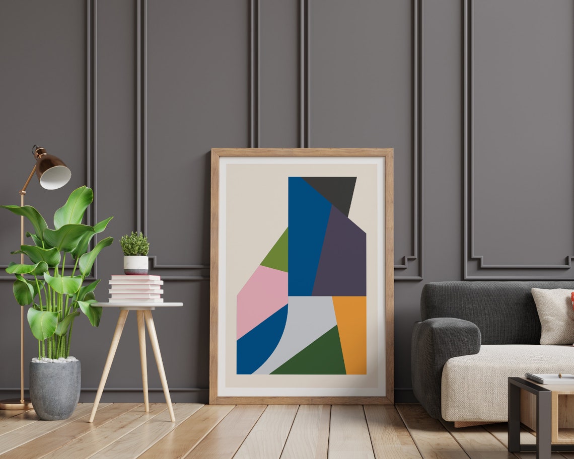 Blue Pink and Orange Geometric Shapes Modern Abstract Poster - Image 2