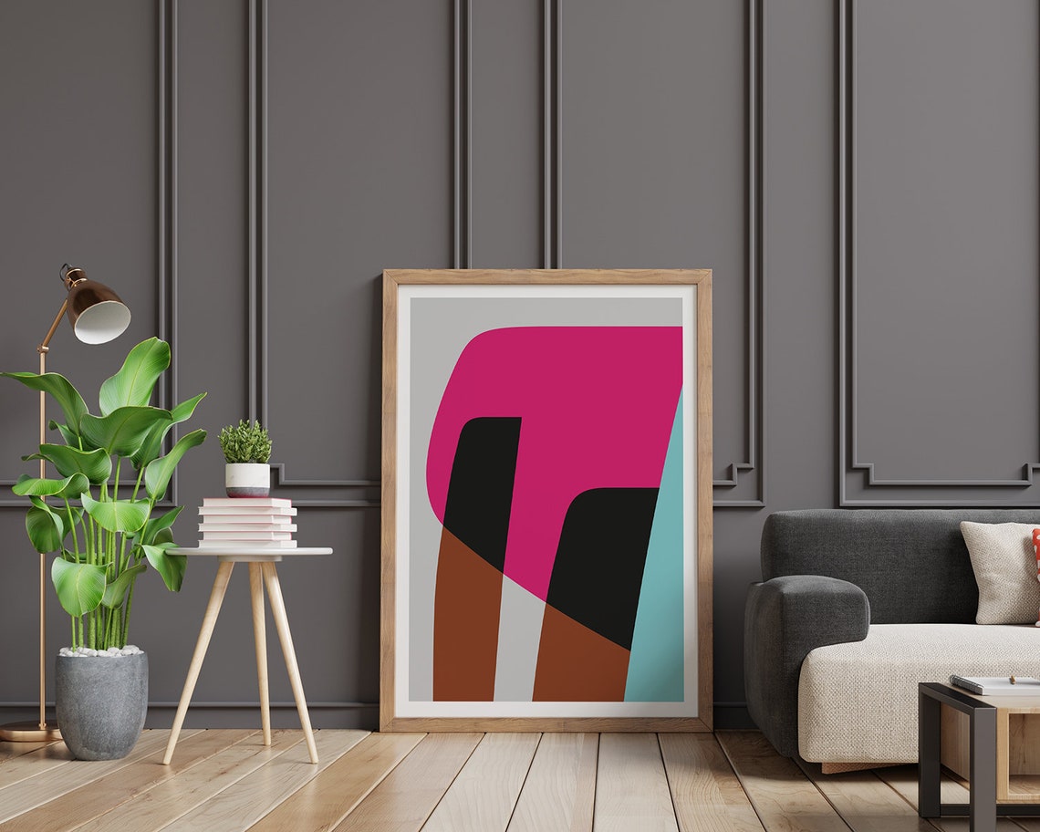 Bright Pink Black Brown Bold Abstract Forms Modern Art Poster - Image 2