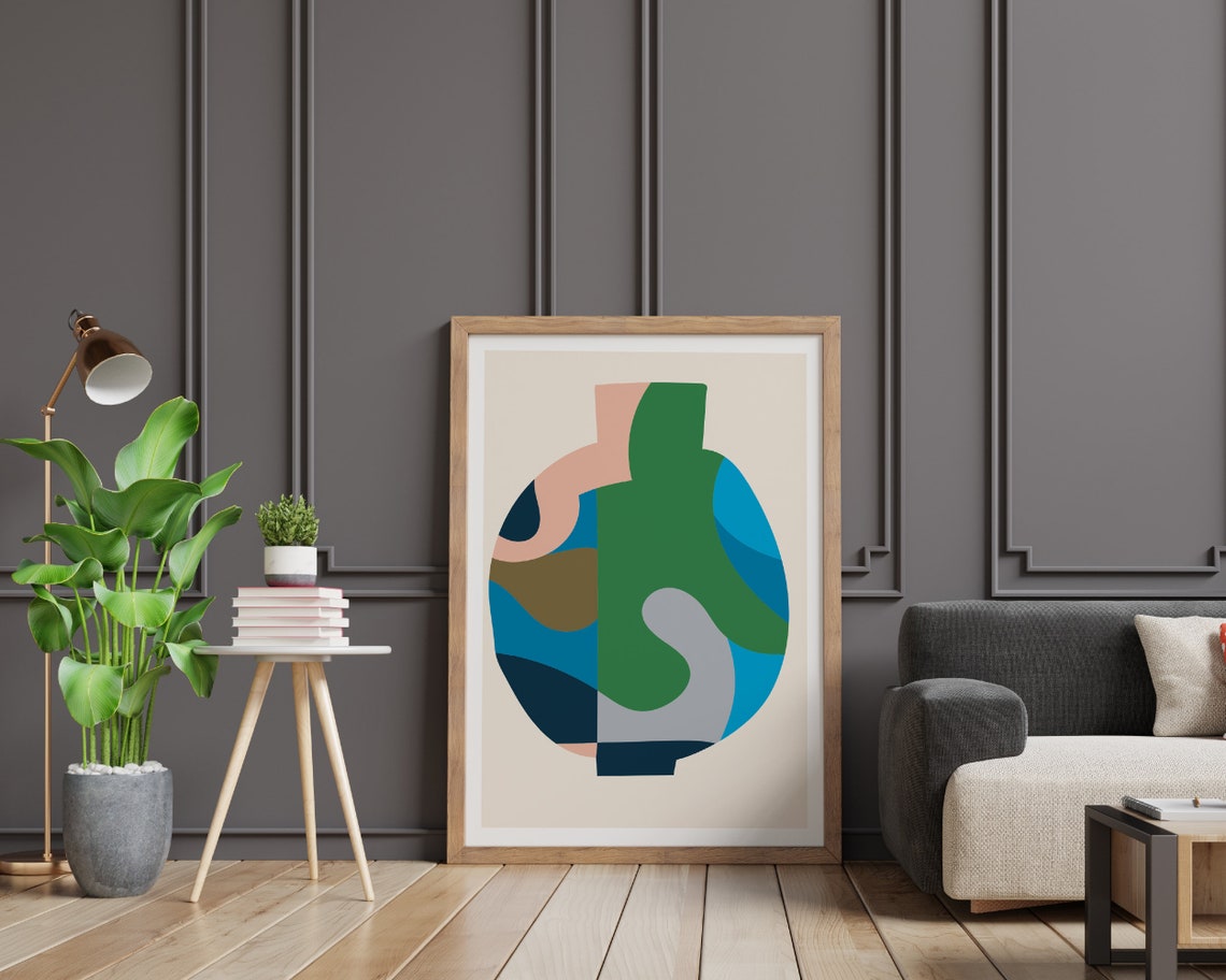 Abstract Colour Block Vase Poster in Green Blue Grey and Beige - Image 2