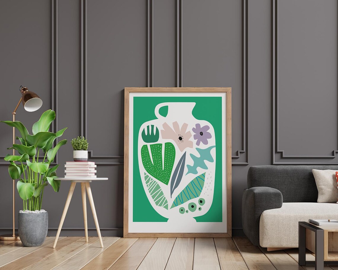 Minimalist White Vase With Flowers On Green Background Art Poster - Image 2