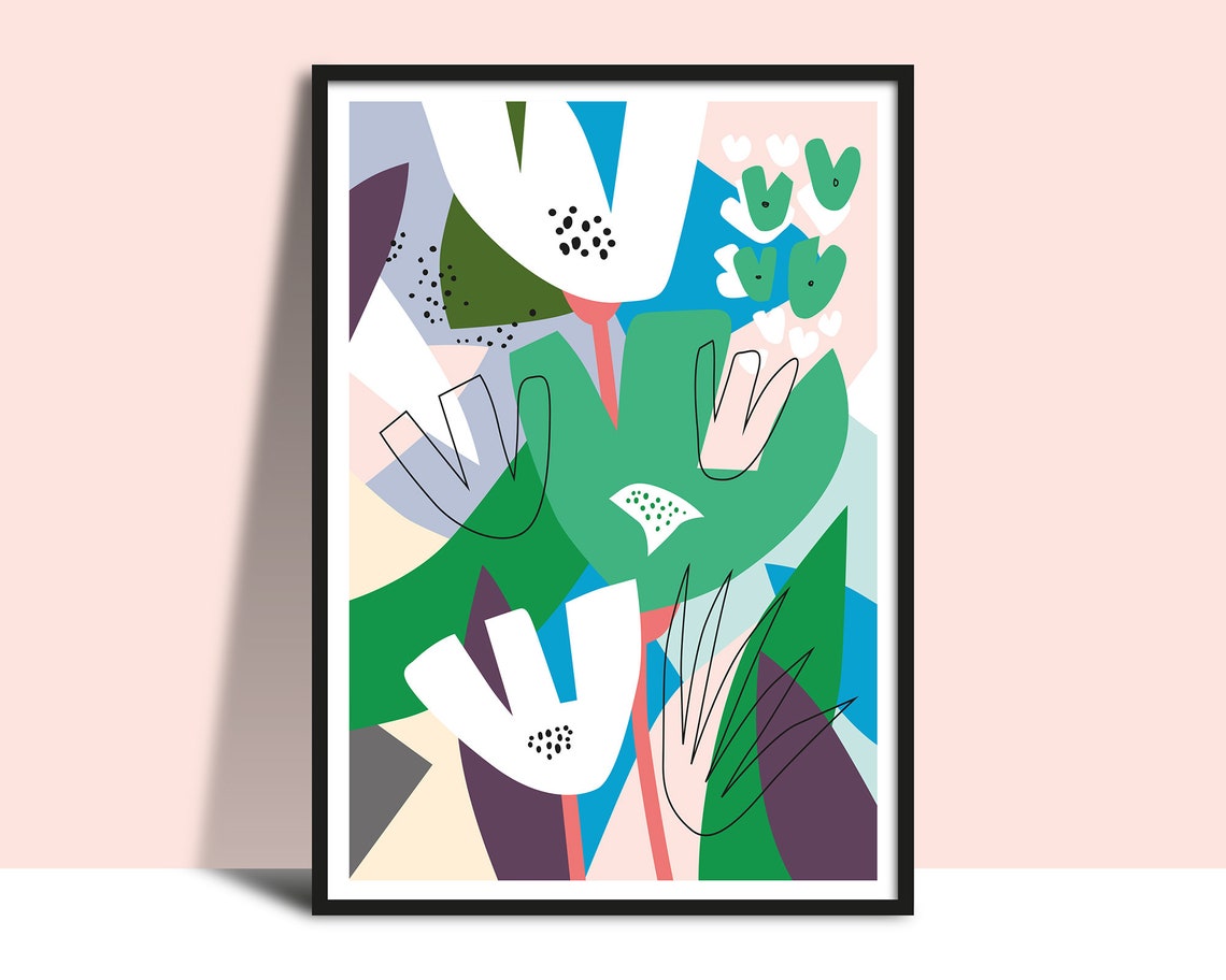 White and Pink Blossoms in Green Blue Abstract Garden Poster