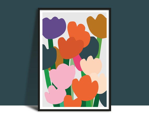 Printable Flowers Colourful Bold Wall Art Instant Flat Illustration Tulips Pink Orange Botanical Poster Graphic Design Poster