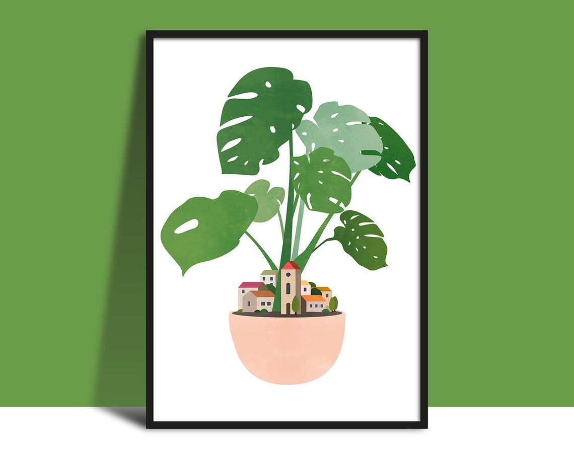 Monstera Plant in Peach Pot with Tiny Village Whimsical Poster