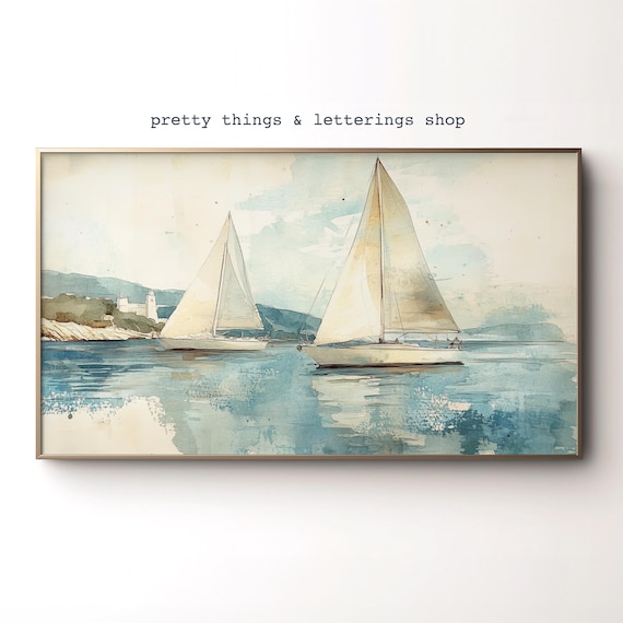 Watercolor Sailboats Calm Blue Water Coastal Scene Art Poster