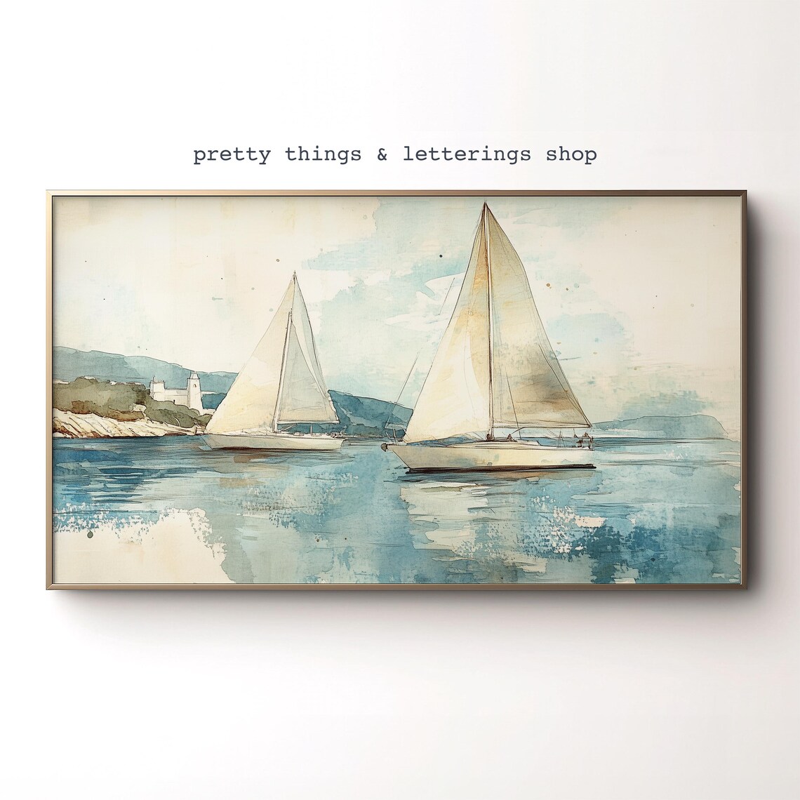 Watercolor Sailboats Calm Blue Water Coastal Scene Art Poster
