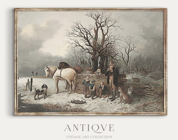 Antique Winter Family Gathering Vintage Art Print