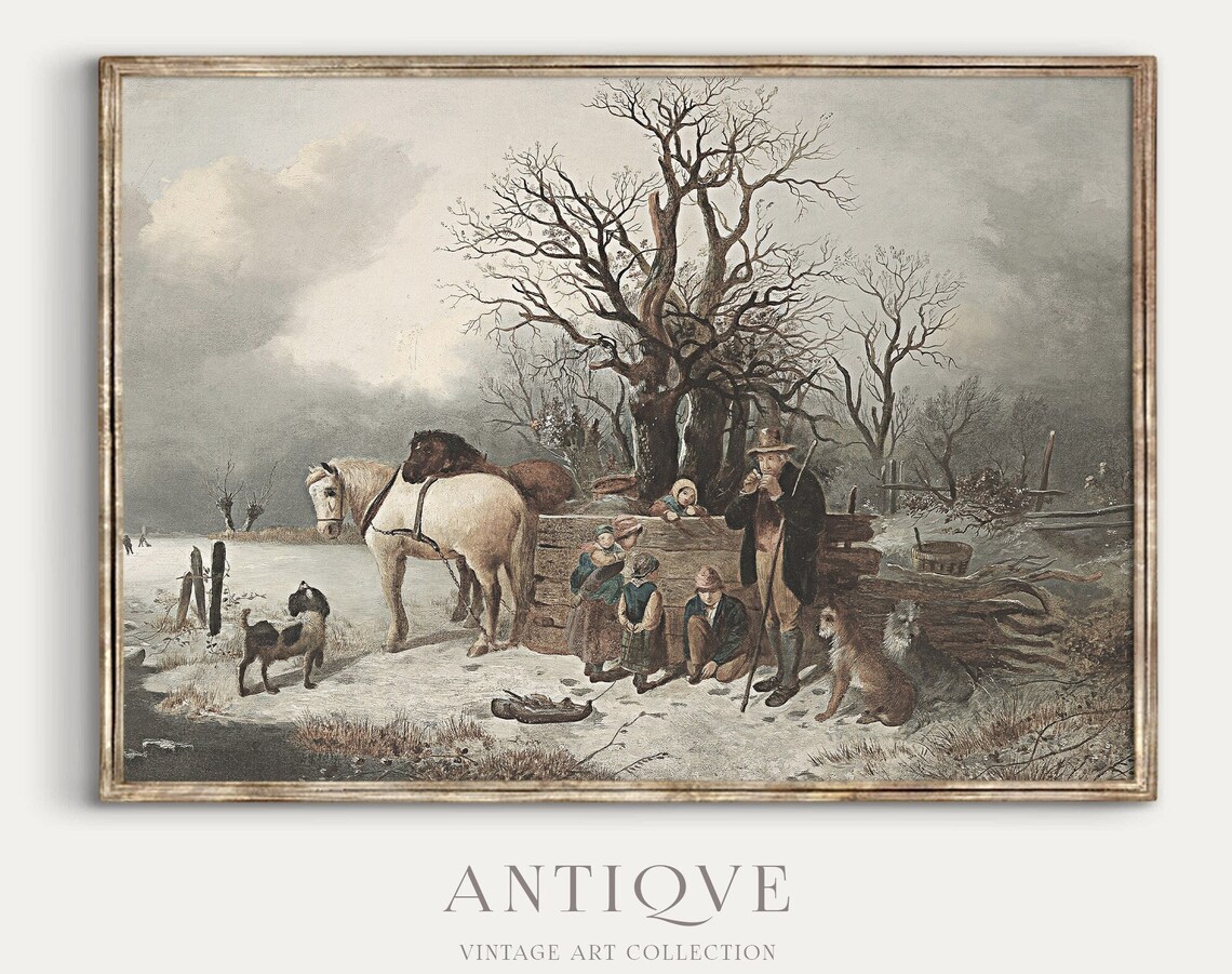 Antique Winter Family Gathering Vintage Art Print