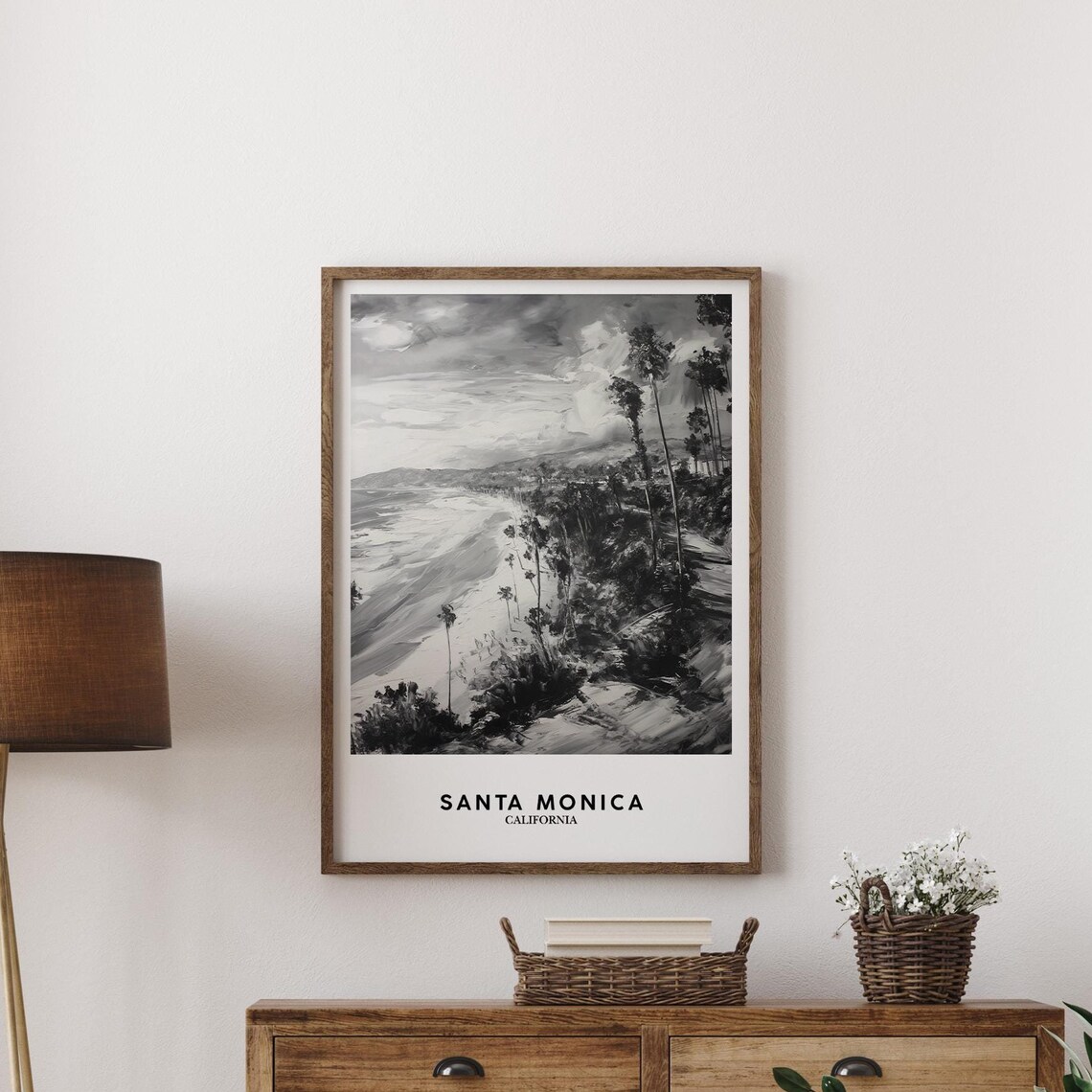 Santa Monica California Black and White Painterly Coastal Art Print
