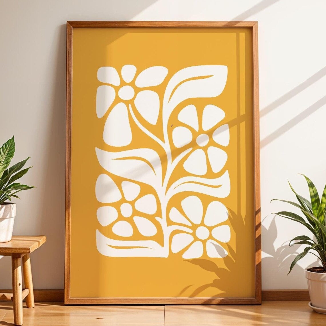 Mustard Yellow Retro Floral Botanical Graphic Line Art Poster