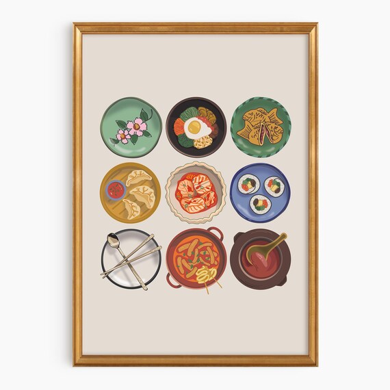 Korean Food Wall Art Print Kitchen Decor Dinner Plate Illustration Cuisine Housewarming Gift
