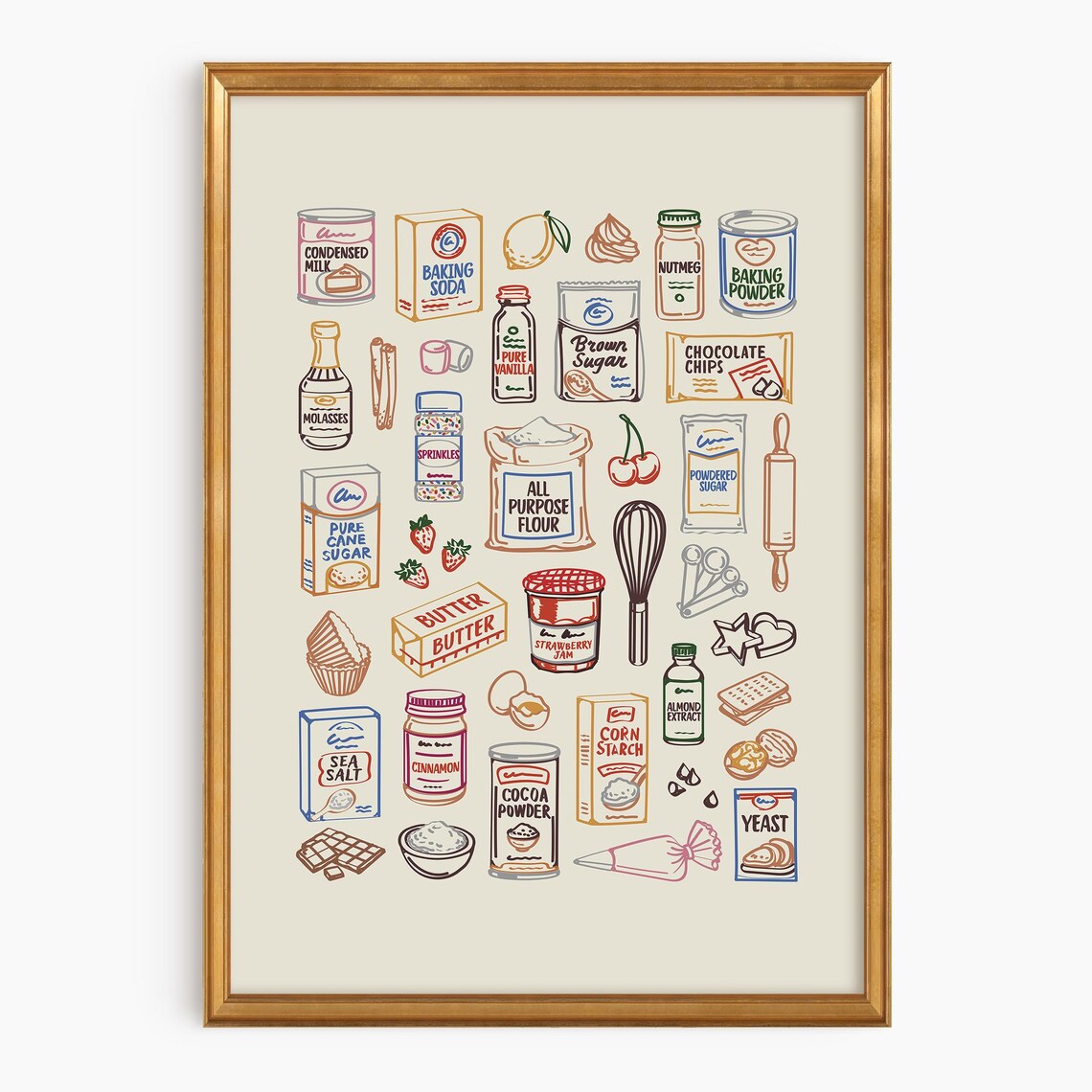 Baking Pantry Ingredients Chart Vintage Illustrated Kitchen Baking Wall Art