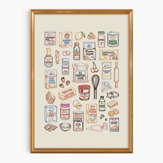 Baking Pantry Ingredients Chart Vintage Illustrated Kitchen Baking Wall Art