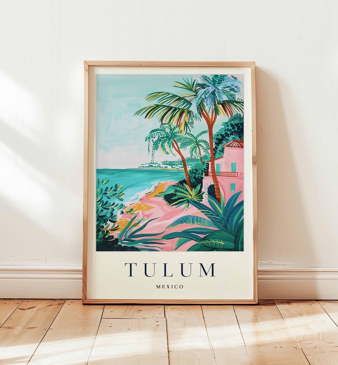 Tulum Mexico Pink Cove Turquoise Sea Palm Trees Travel Poster Art
