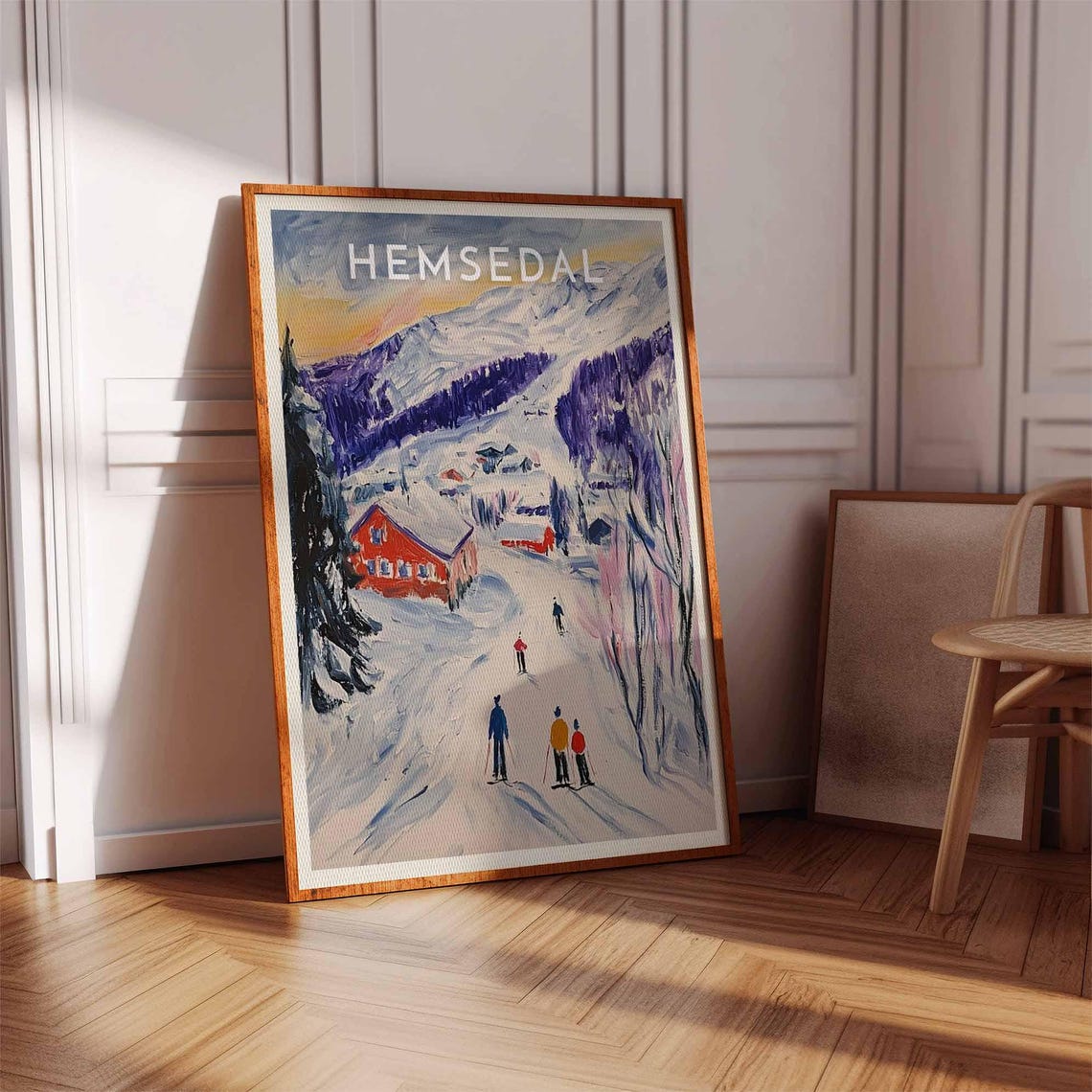 Hemsedal Norway Skiers Red Cabins Purple Mountains Dusk Poster - Image 2