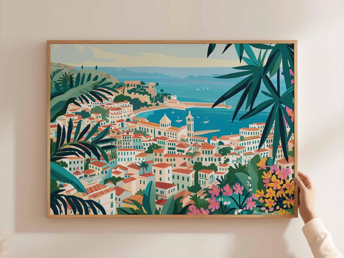 Algiers Algeria Red Roof Town Bay View Through Palm Leaves Art Print