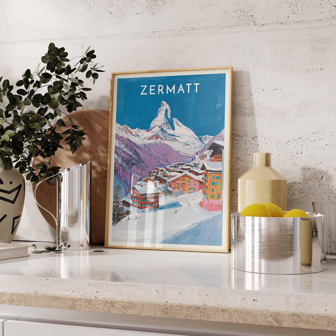 Zermatt Switzerland Matterhorn Village Skiers Color Travel Poster - Image 2