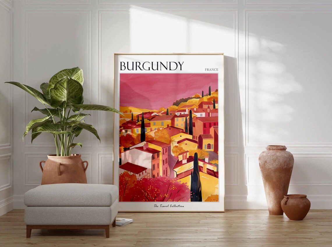 Burgundy France Pink Sunset Sky Over Old Hilltop Town Poster - Image 3
