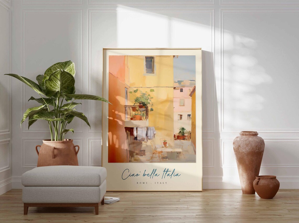 Rome Italy Sunlit Alley Balcony Plants Watercolor Charm Art Poster - Image 3