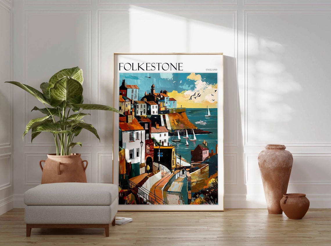 Folkestone England Harbor Street Sailboats Old Town Art Poster - Image 3