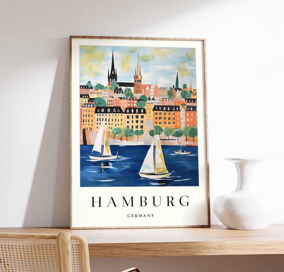 Hamburg Germany Bold Sailboats Deep Blue Skyline Spires Travel Poster