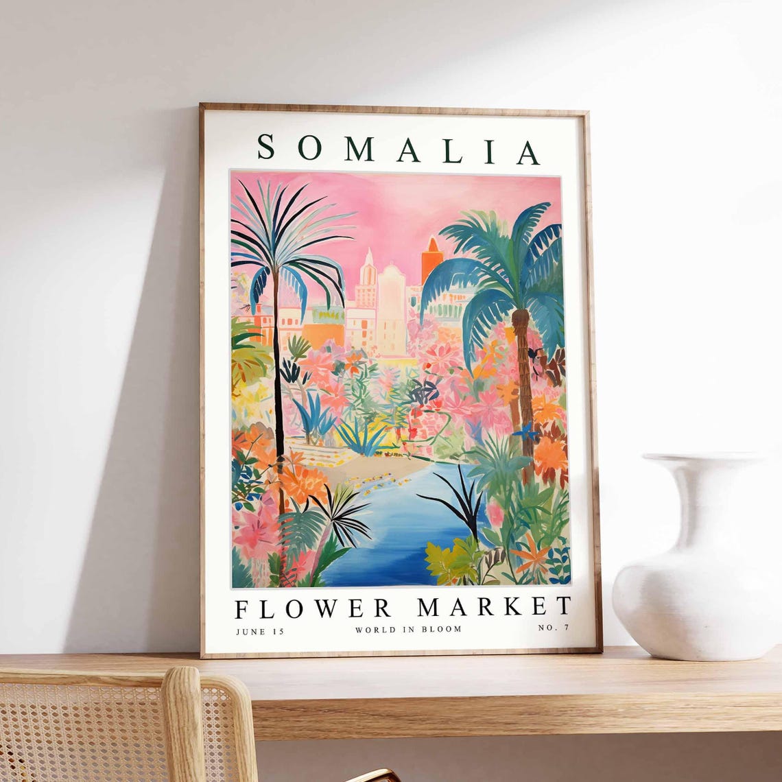 Somalia Flower Market Sunset Skyline Pond Palm Bloom Art Poster