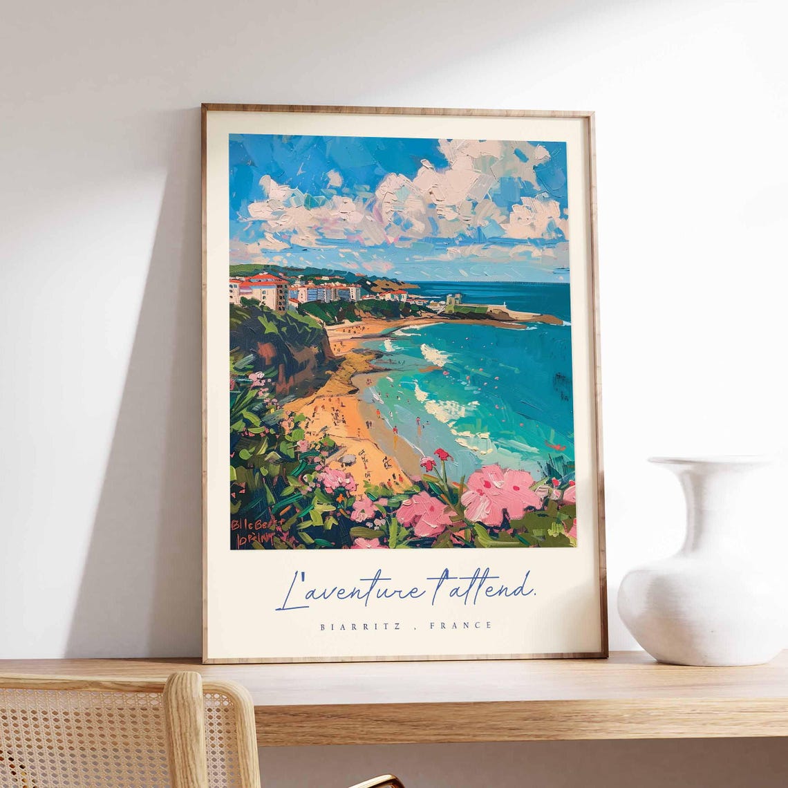 Biarritz France Adventure Awaits Beach Flowers Coastal Poster