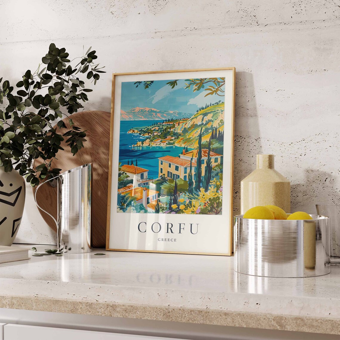 Corfu Greece Coastal Hillside Travel Poster Blue Bay Village Art - Image 3