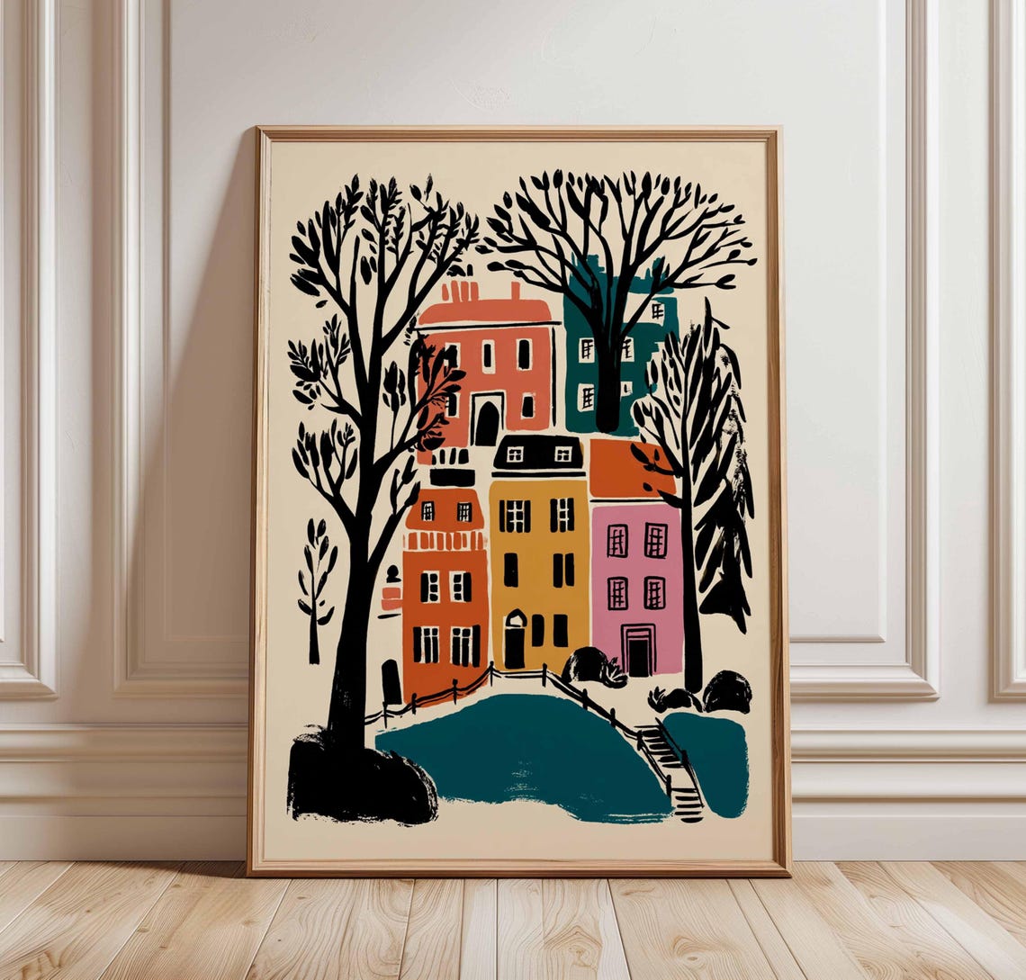 Colorful Townhouses Black Trees Midcentury Village Pond Wall Art
