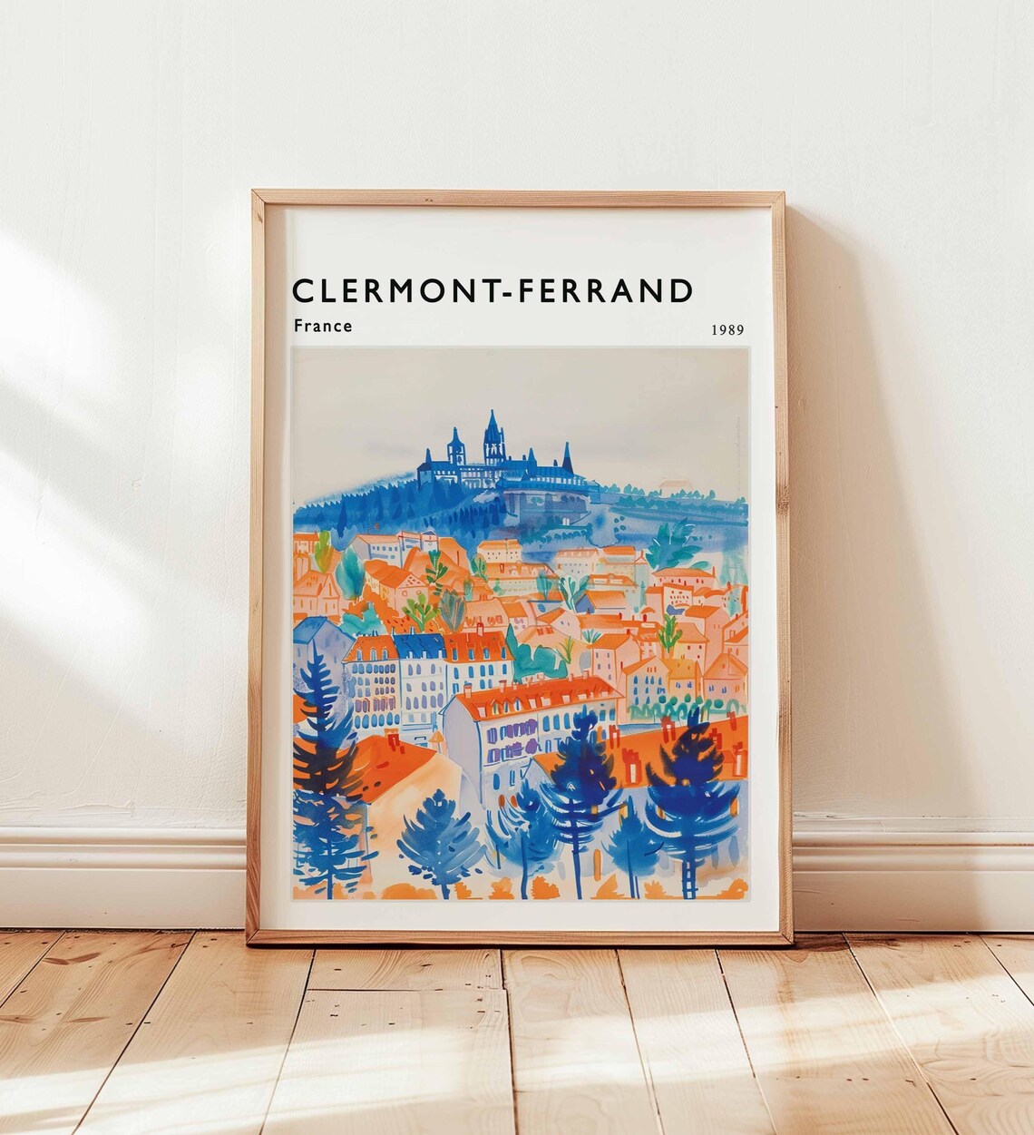 Clermont-Ferrand France 1989 Watercolor Cathedral Cityscape Travel Poster