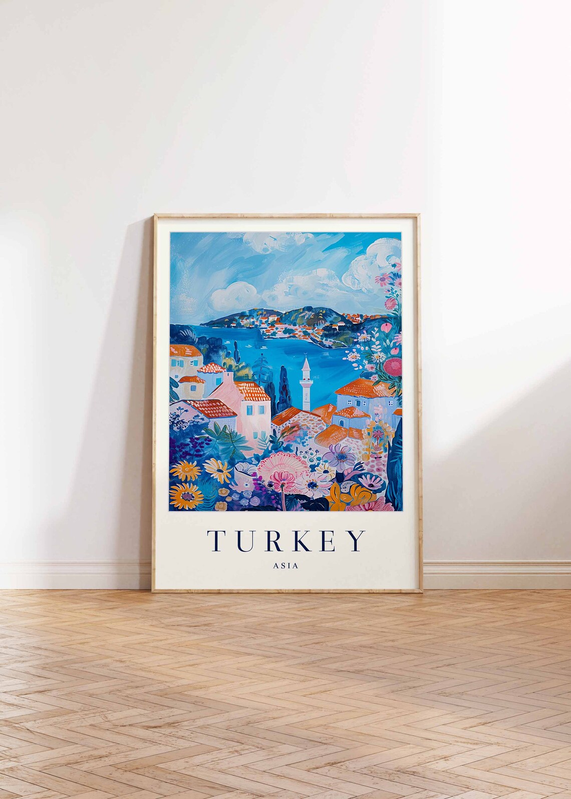 Turkey Coastal Village Minaret Blue Sea Flowers Asia Travel Poster - Image 2