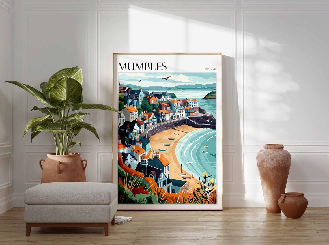 Mumbles Colorful Harbor Town Bay Boats England Travel Poster - Image 3
