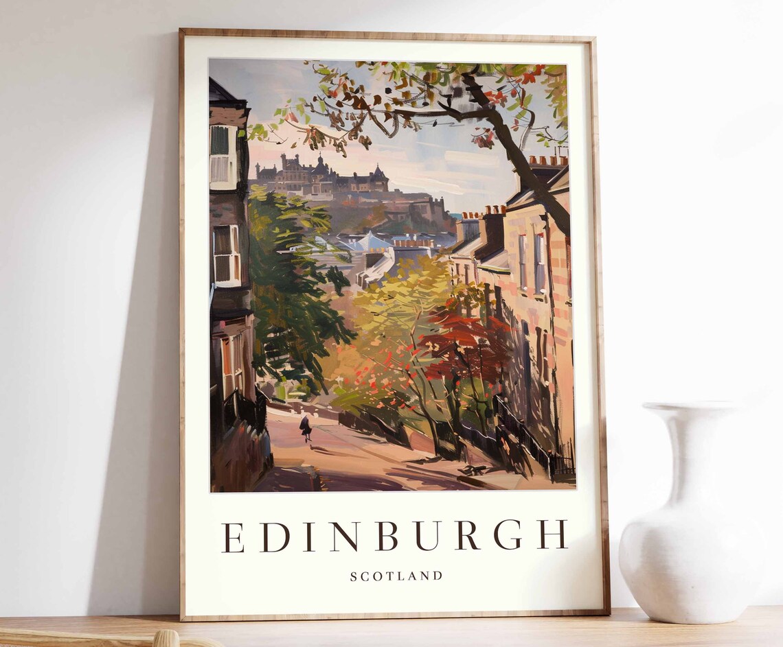Edinburgh Scotland Watercolor Street Scene With Castle Poster