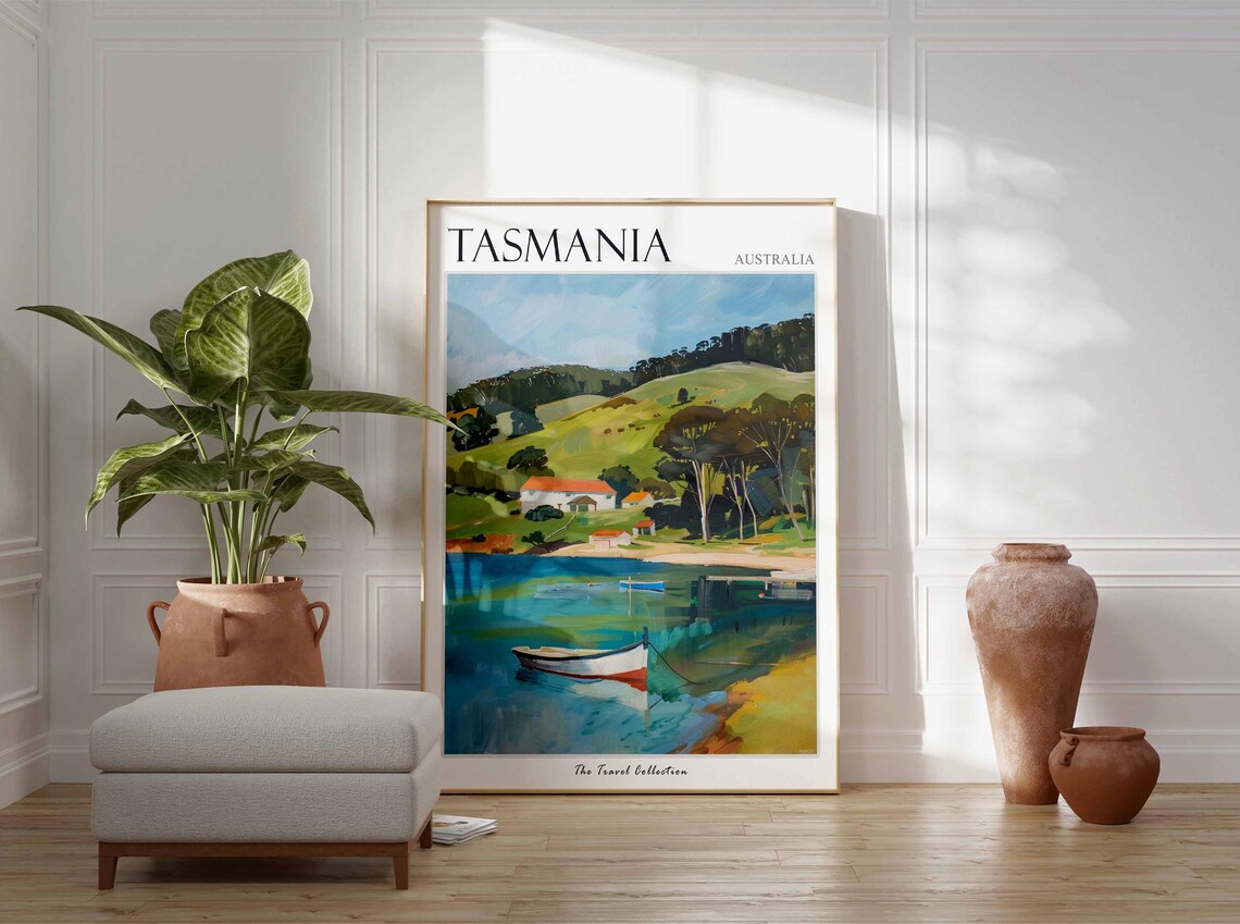 Tasmania Australia Painted Coastal Bay With Cottage Boats Poster - Image 2