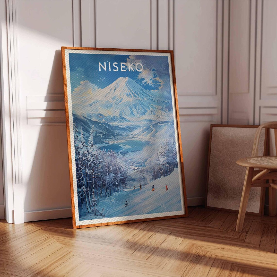 Niseko Japan Skiers On Slope Town And Snow Peak Panorama Travel Poster - Image 3
