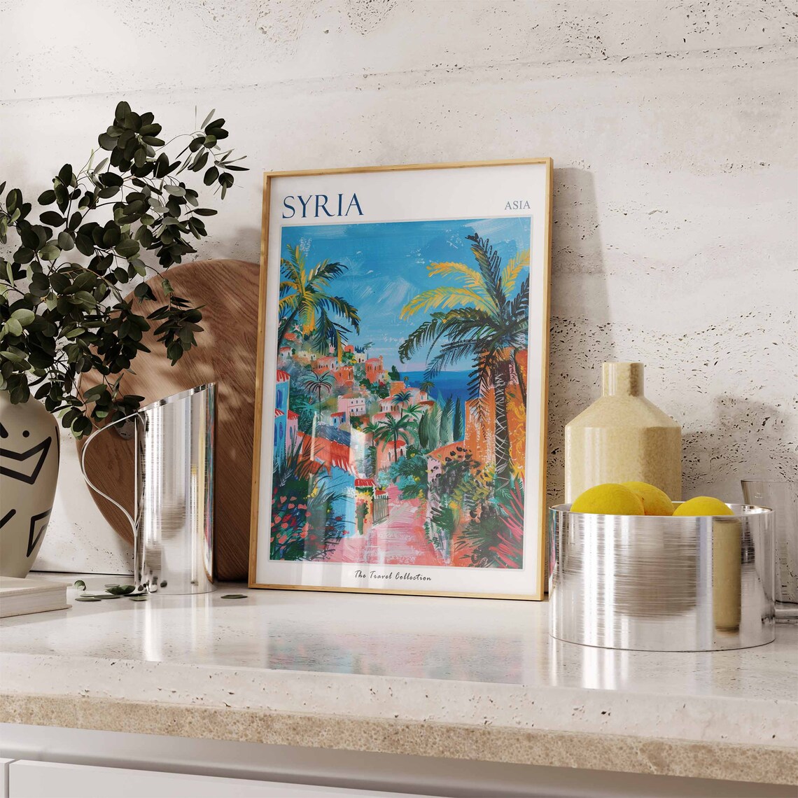 Syria Asia Colorful Hillside Coastal Town Palms Sea View Poster - Image 3