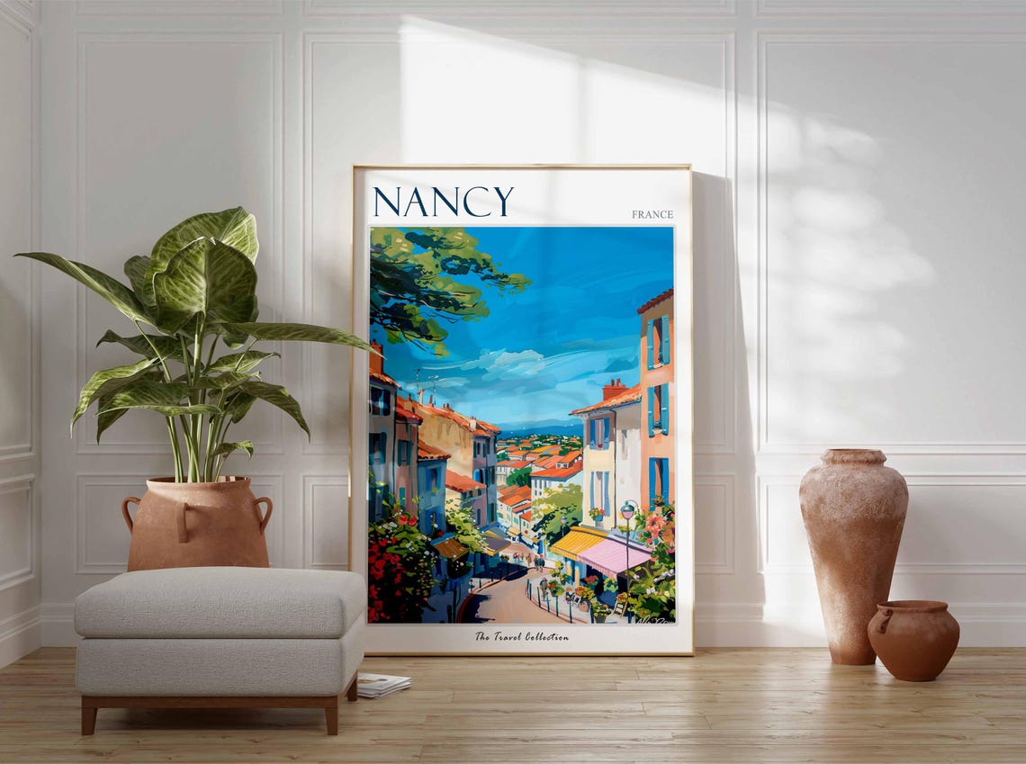 Nancy France Sunlit Old Town Street Café Flowers Painted Poster - Image 3