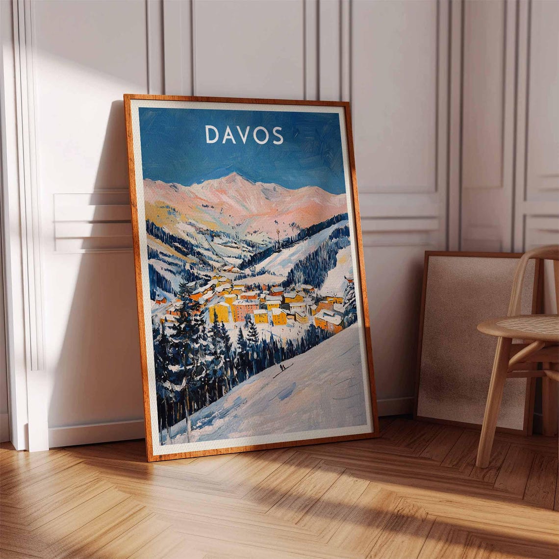 Davos Alpenglow Pink Peaks Over Golden Rooftop Town Valley Art Poster - Image 2