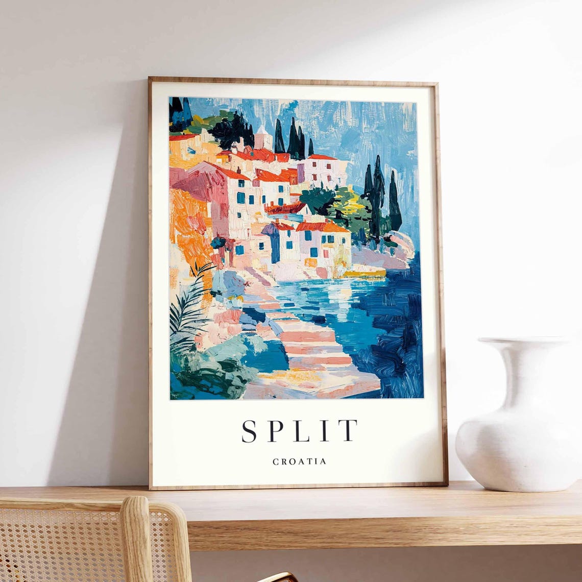 Split Croatia Old Town Harbor Cypress Trees Painterly Travel Poster