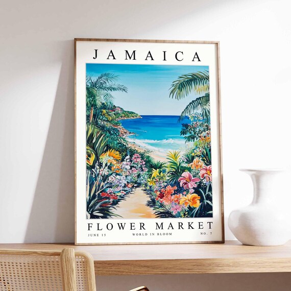 Jamaica Flower Market Poster Print Jamaican Floral Wall Art Decor Botanical Caribbean Travel