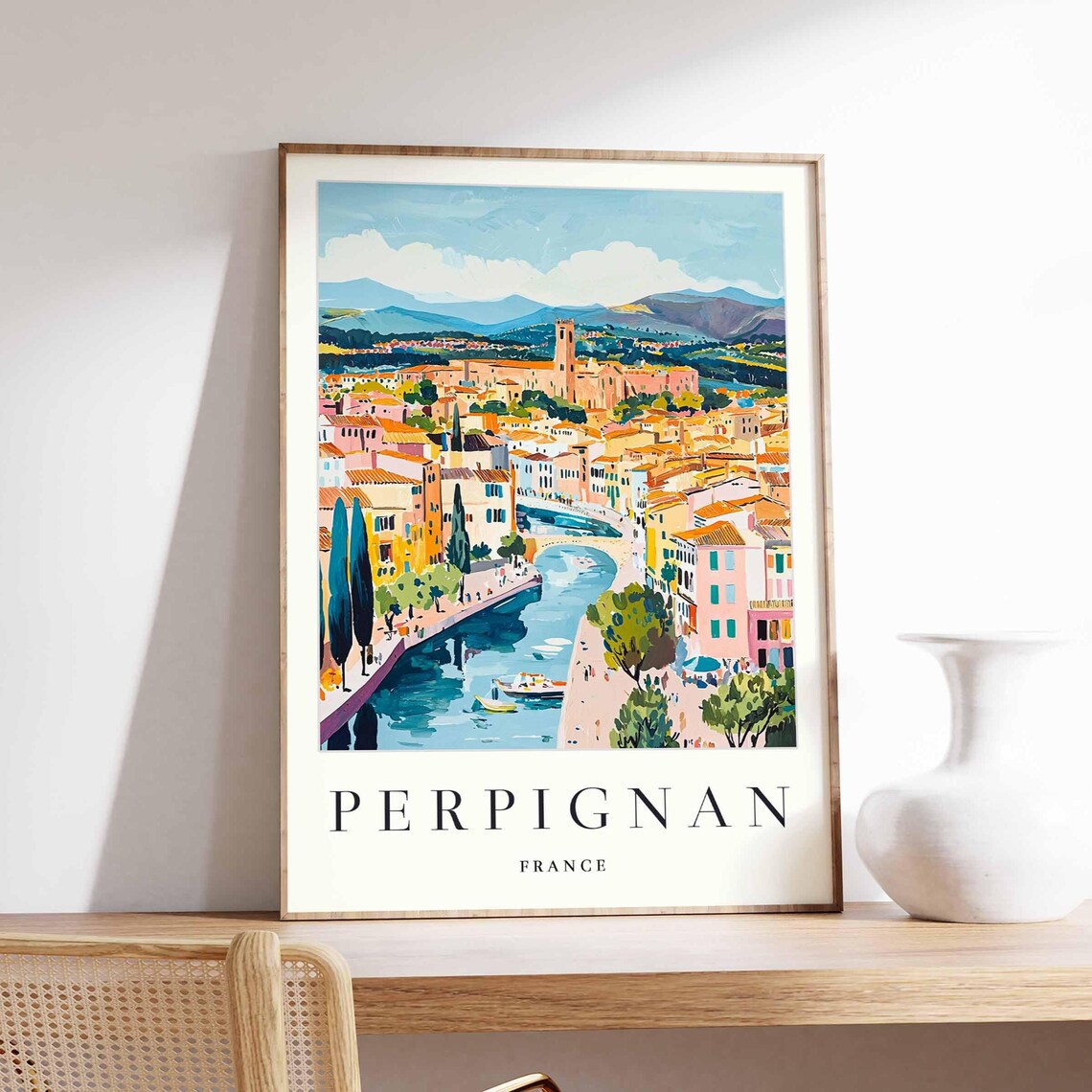 Perpignan France Riverside Old Town Boats Bridge Tower View Poster