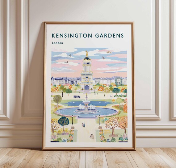 Kensington Gardens London Fountain and Tower Spring Travel Poster