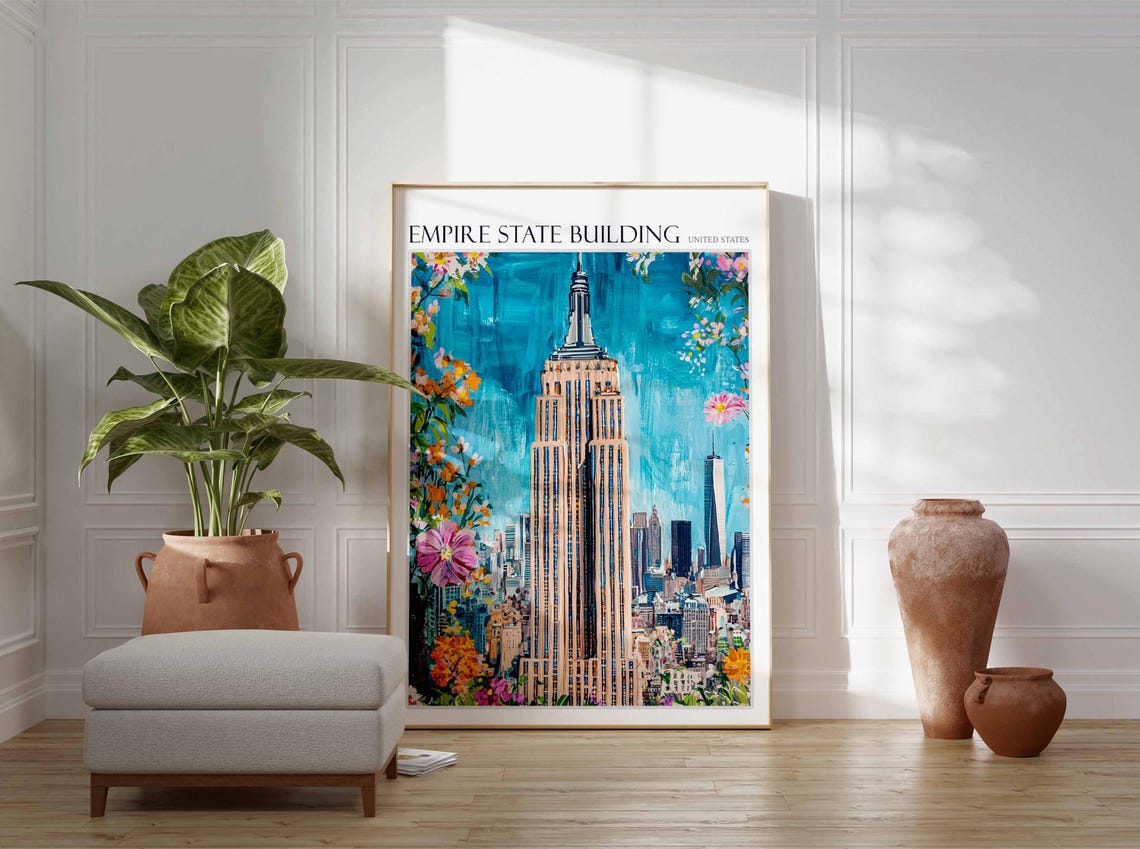 Empire State Building Flower Border New York Skyline Art Poster - Image 2