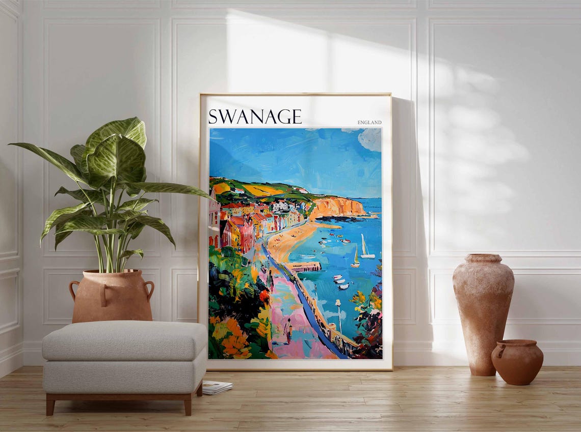 Swanage Bay Sailboats Cliffs Colorful Seaside Dorset Travel Poster - Image 2