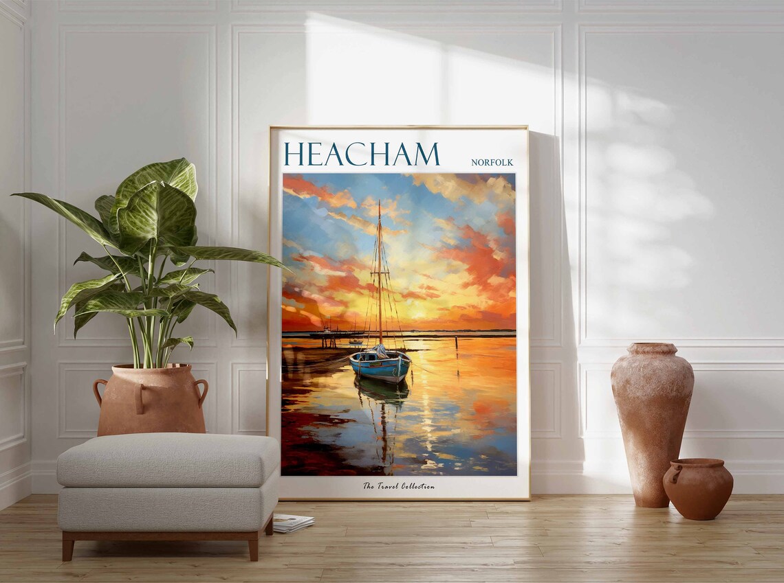 Heacham Norfolk Sailboat Sunset Beach Golden Hour Painting Poster - Image 2