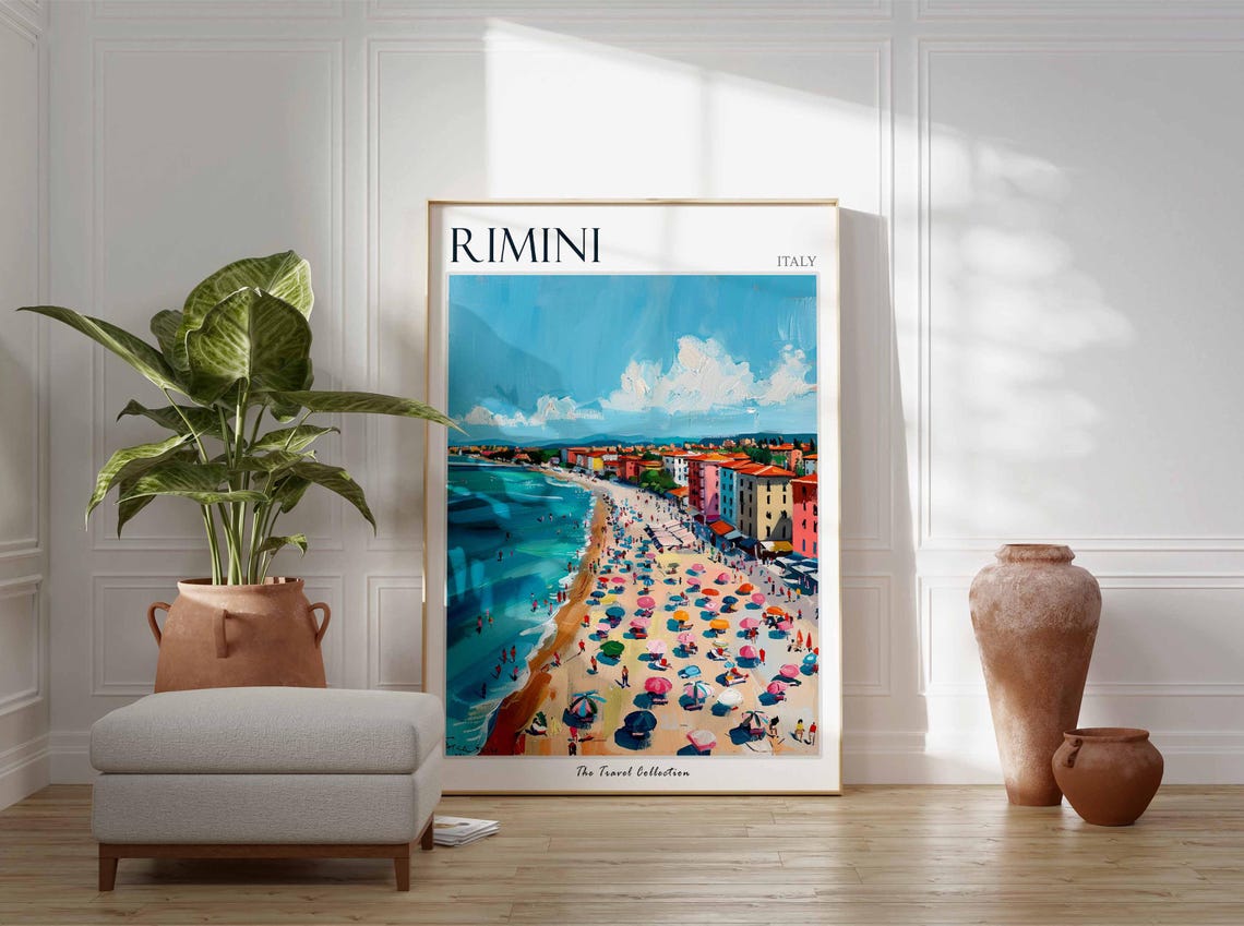 Rimini Italy Lively Beach Umbrellas Aerial View Painted Poster - Image 2