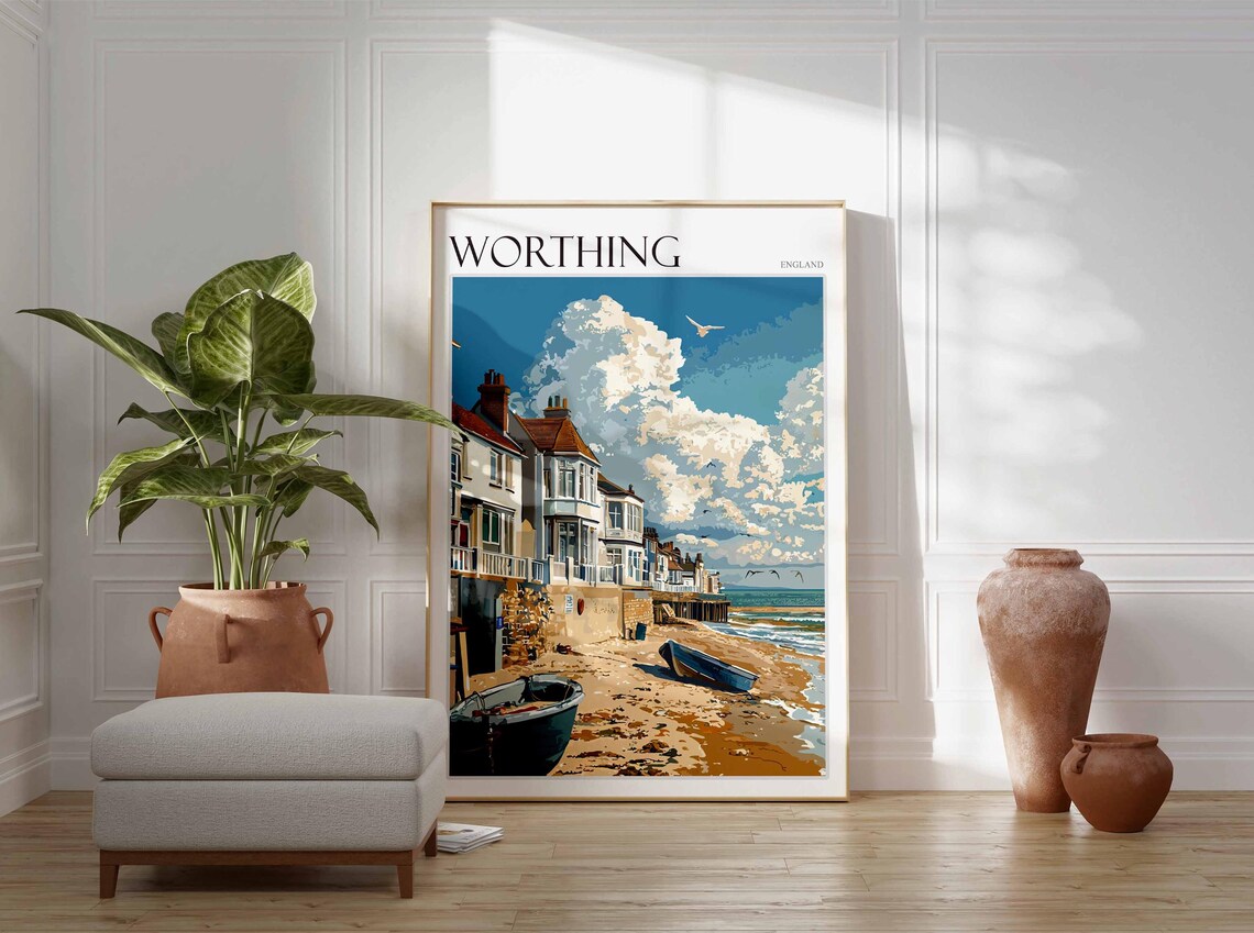 Worthing England Seafront Houses Fishing Boats Retro Art Poster - Image 2