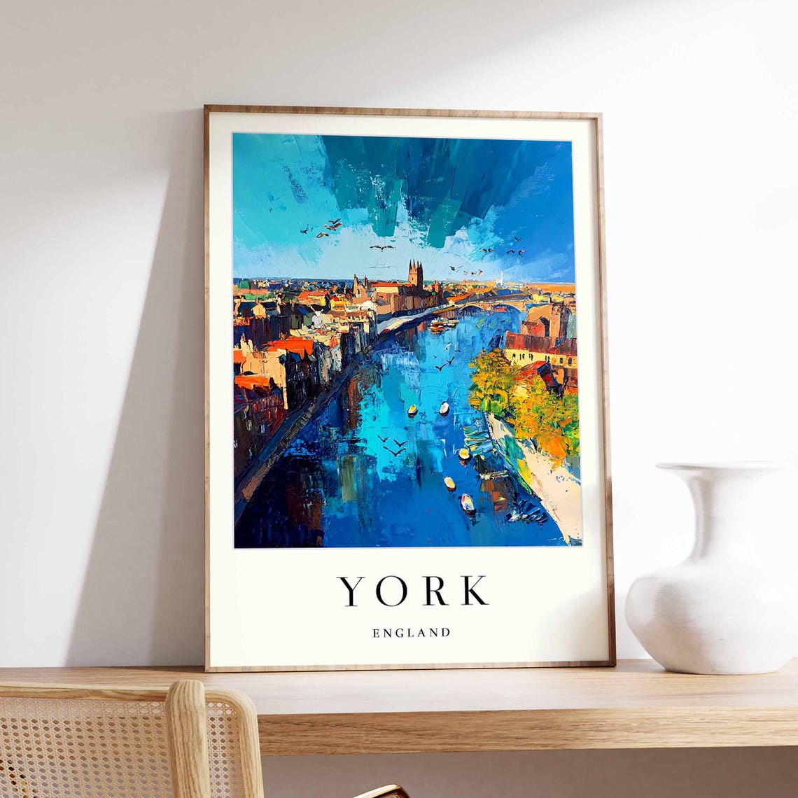 York England River Ouse Boats Aerial Blue Painted Skyline Poster