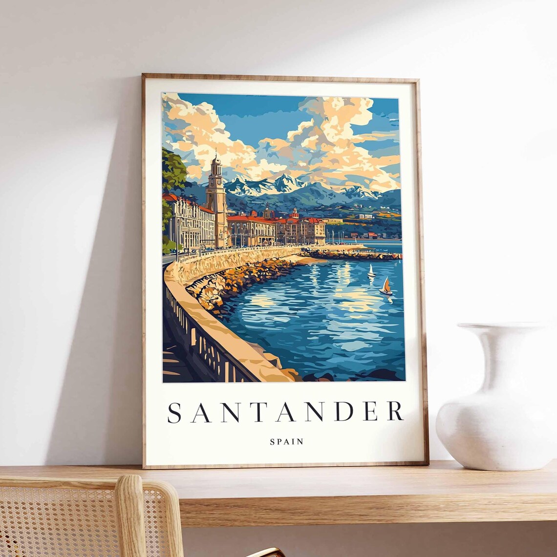 Santander Spain Curved Seawall Rocky Shore Sailboats Mountain Poster